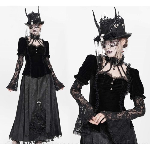 Maglia in velluto e maniche in pizzo con collarino