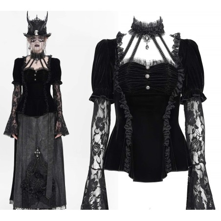 Maglia in velluto e maniche in pizzo con collarino