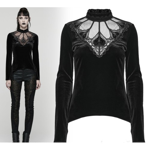 Maglia in velluto con pizzo e trasparenza su scollatura