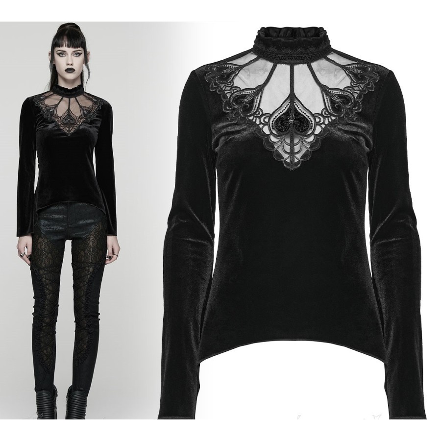Maglia in velluto con pizzo e trasparenza su scollatura