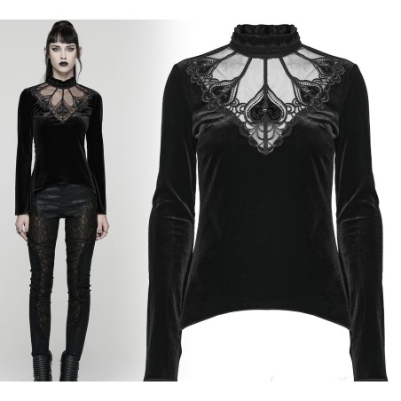 Maglia in velluto con pizzo e trasparenza su scollatura
