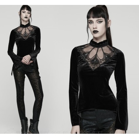 Maglia in velluto con pizzo e trasparenza su scollatura
