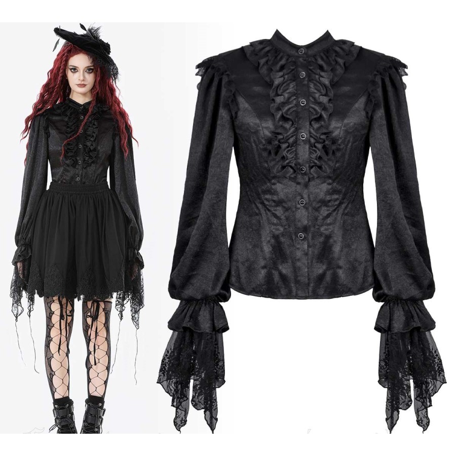 Camicia in raso con jabot e maniche con punte in pizzo