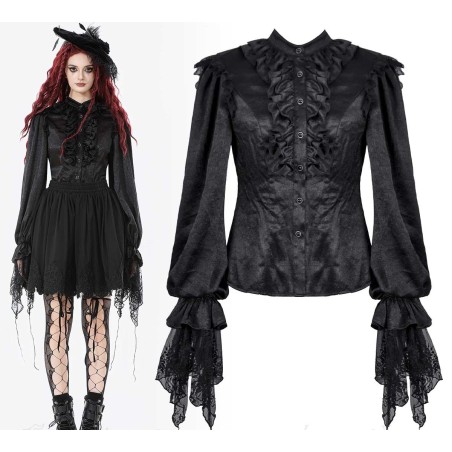Camicia in raso con jabot e maniche con punte in pizzo